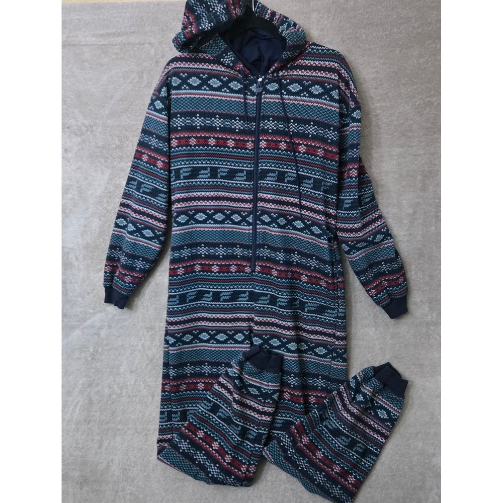 Fabletics Pajamas One Piece Women Medium Blue Fair Isle‎ Hooded Fleece Sleepwear